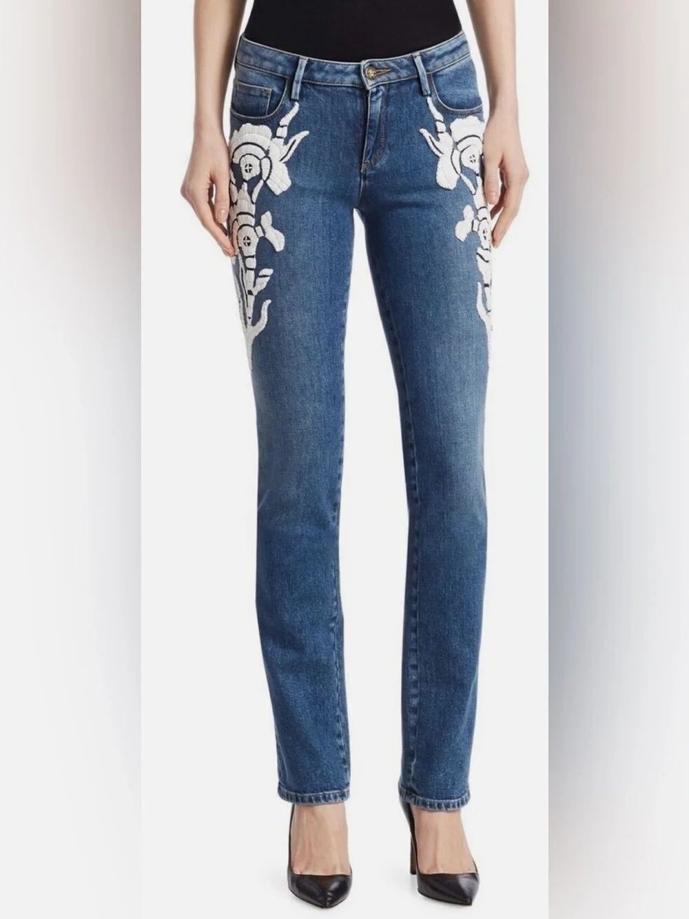 NWT Roberto Cavalli Blue Straight-Leg Jeans with White Floral embroidery, US6